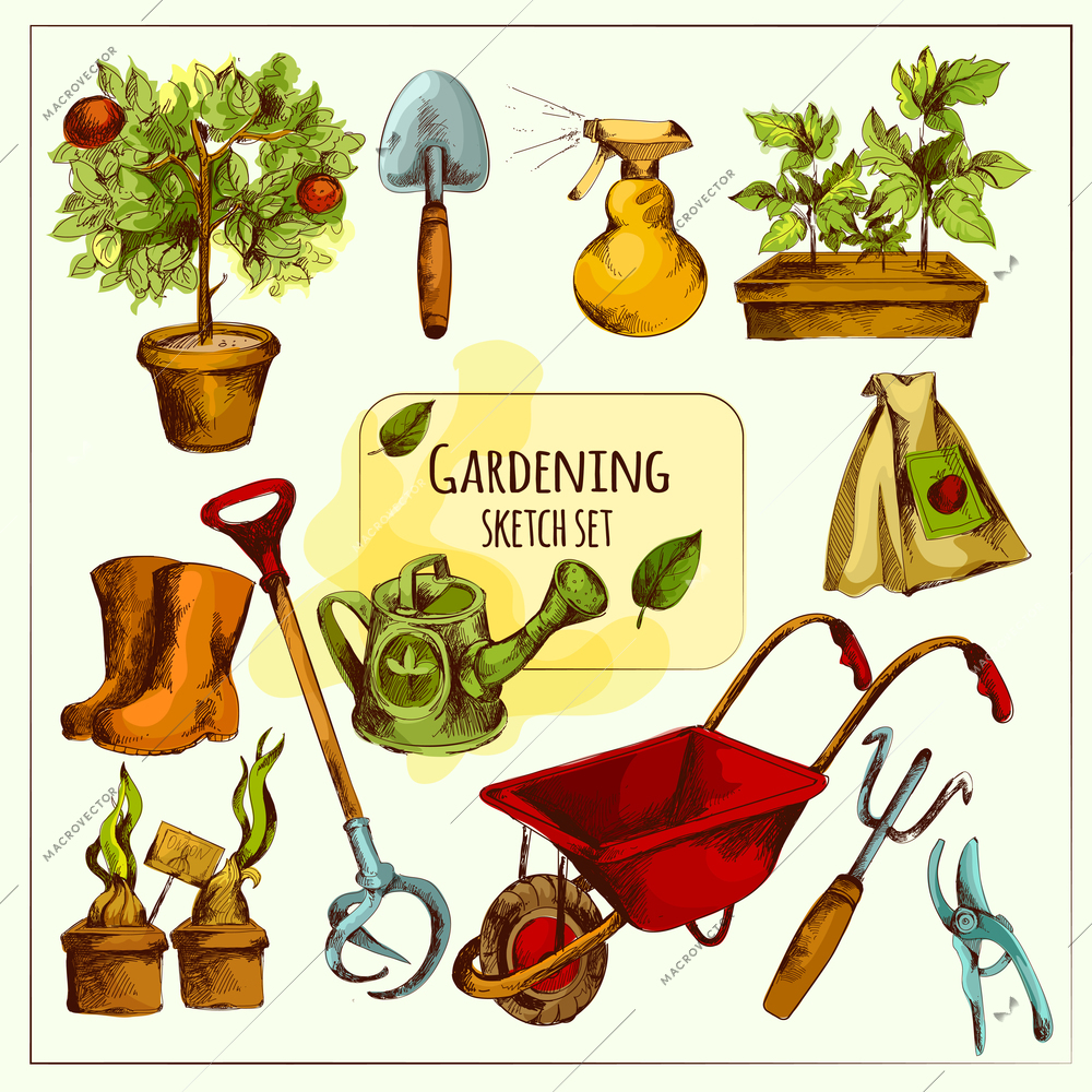 Gardening tools sketch set colored with shovel spray rubber boots isolated vector illustration