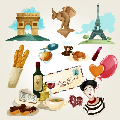 Paris touristic set with cartoon baguette wine croissant wine bottle icons isolated vector illustration