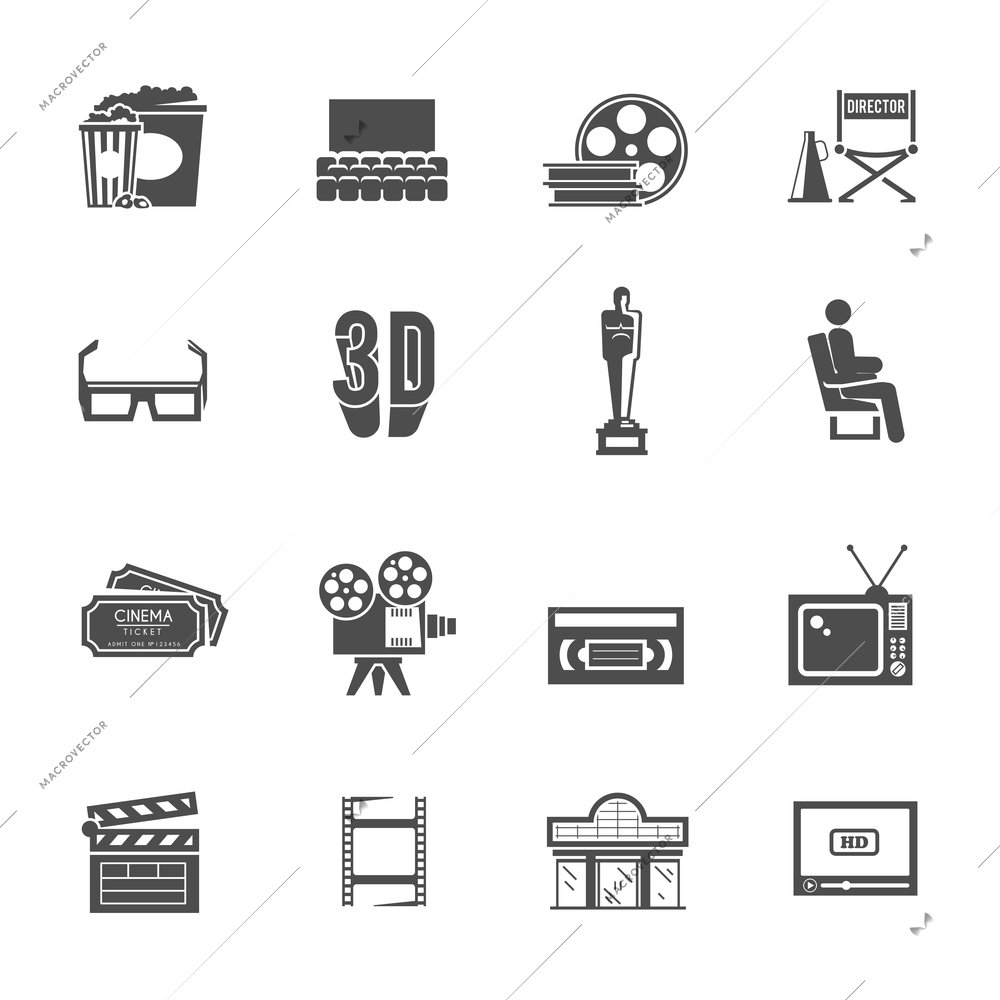 Prize winning film production and movie theater projector retro black icons set with abstract isolated vector illustration