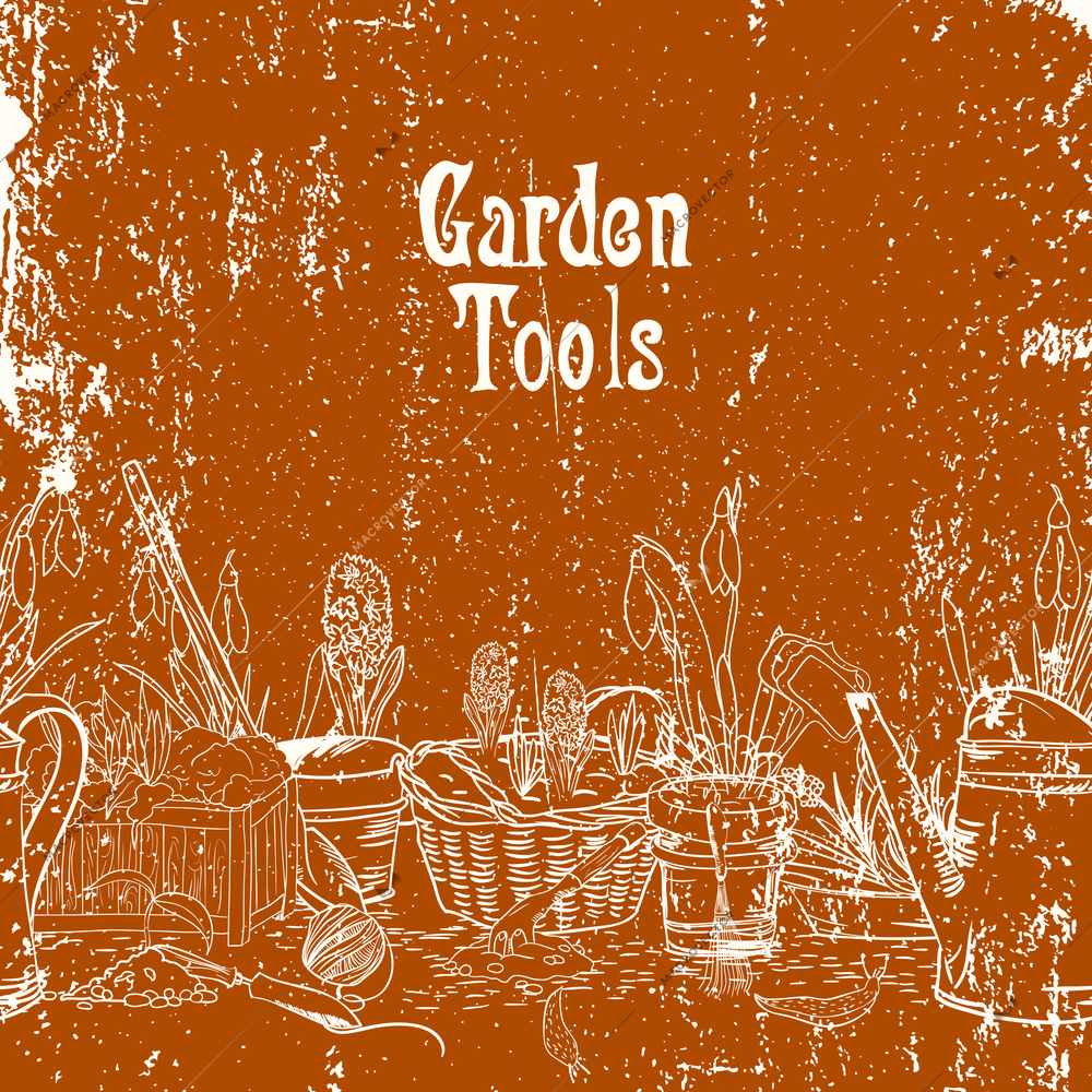 Hand drawn vintage poster with gardening tools vector illustration