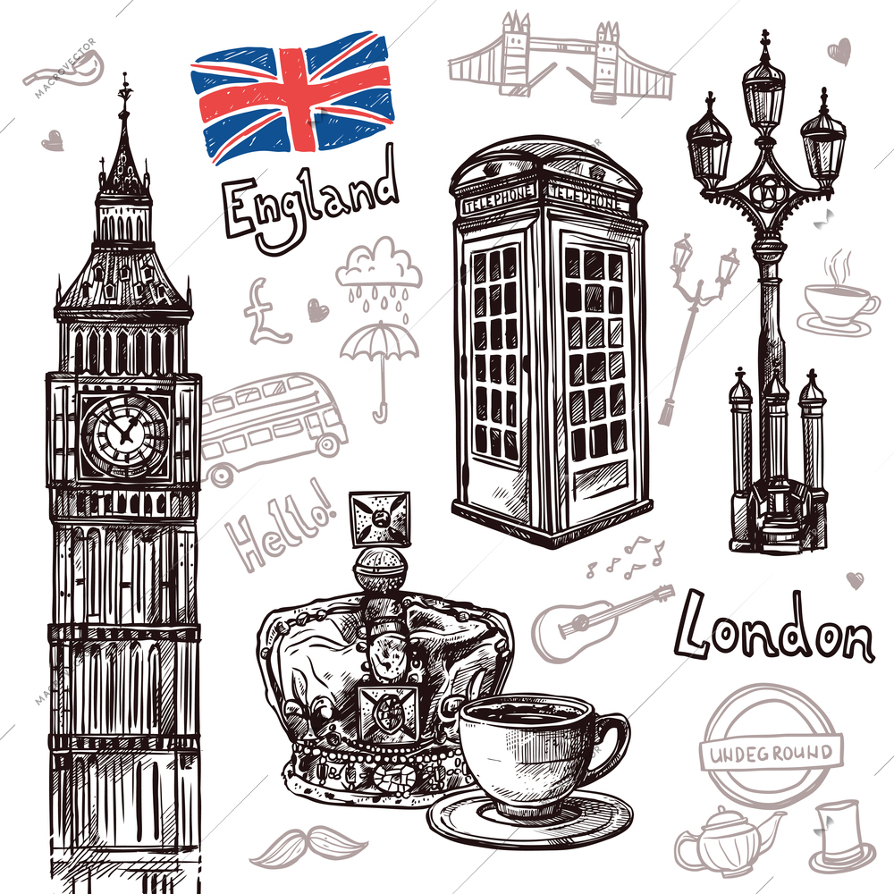 London sketch set with tea cup queen crown telephone booth isolated vector illustration