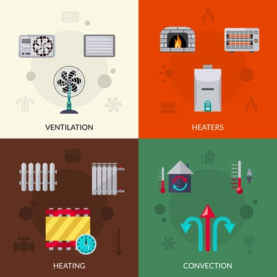 Heating ventilation and convection flat icons set isolated vector illustration