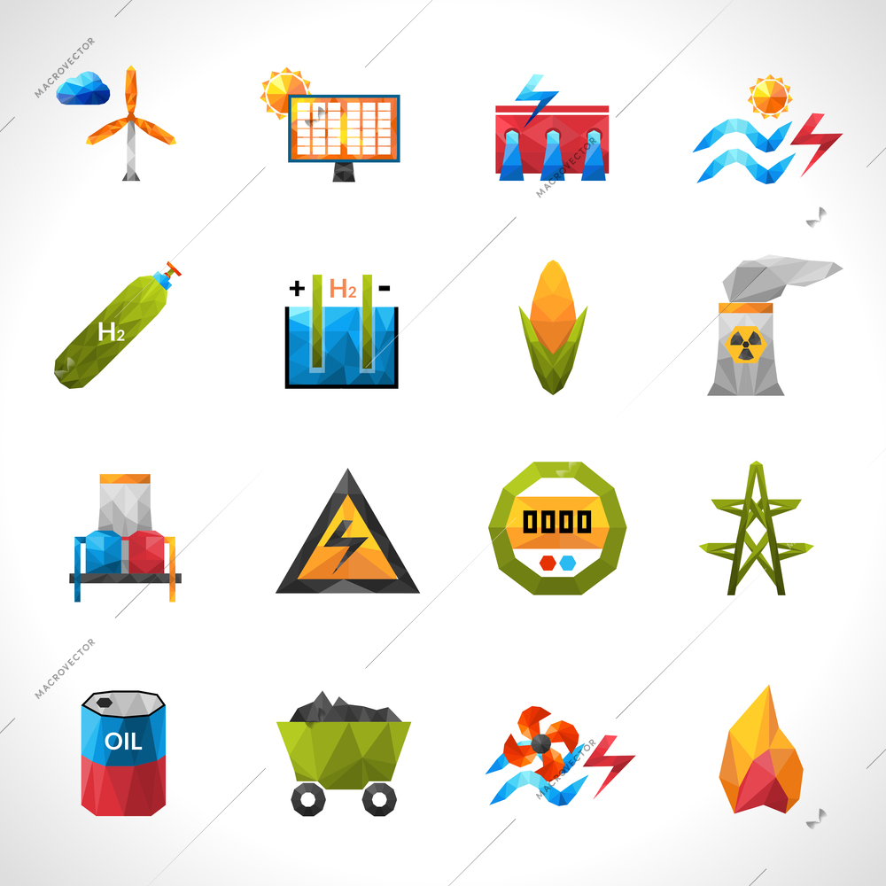 Power plant green energy polygonal icons set isolated vector illustration