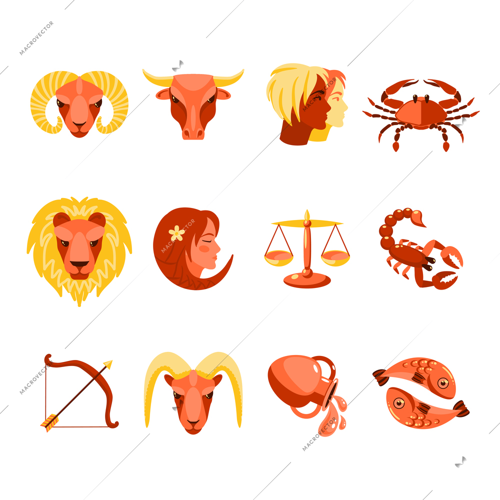 Stylized icons collection of twelve zodiac star signs for every date horoscope flat abstract isolated vector illustration