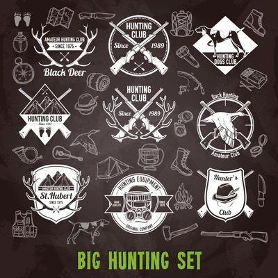 Hunting club labels and icons chalkboard set isolated vector illustration