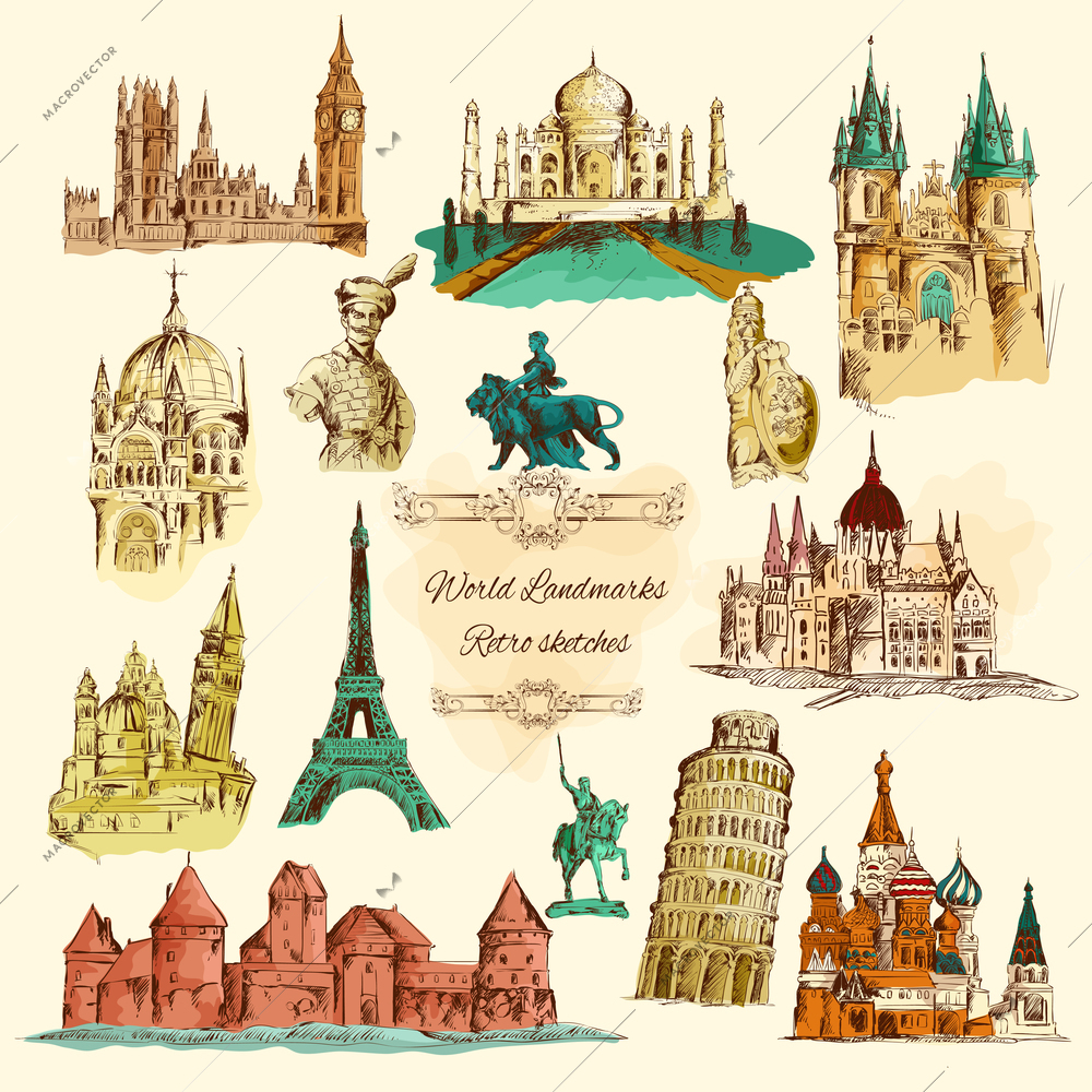 World landmarks sketch colour vintage icons set isolated vector illustration