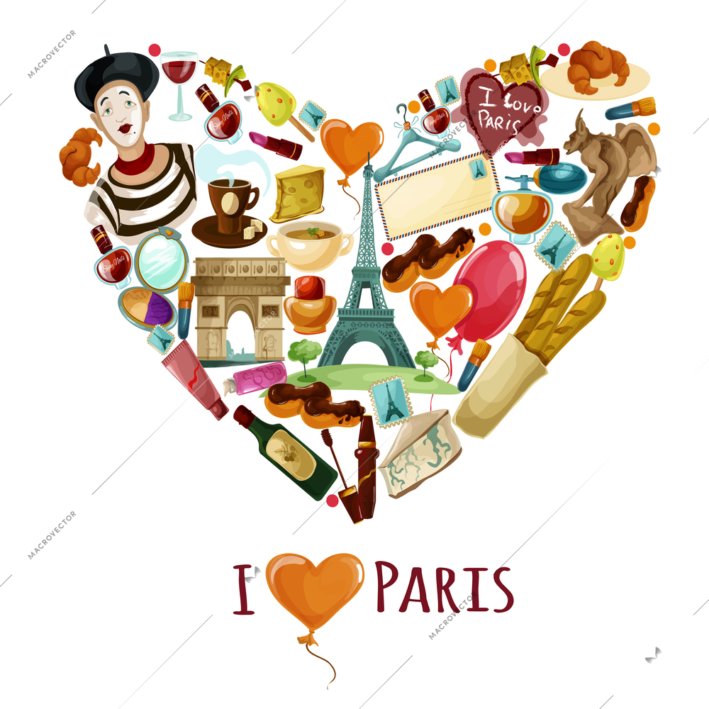 Paris poster with cartoon touristic symbols in heart shape vector illustration