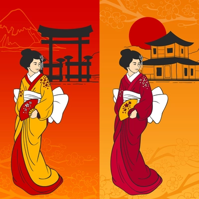 Geisha banner vertical set with traditional japanese symbols on background isolated vector illustration