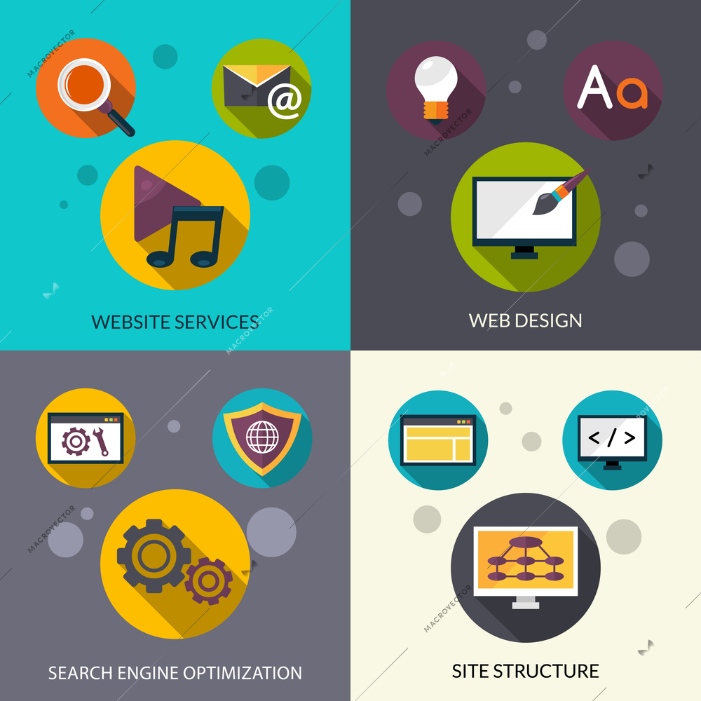 Web design concept set with website services search engine optimization flat icons isolated vector illustration