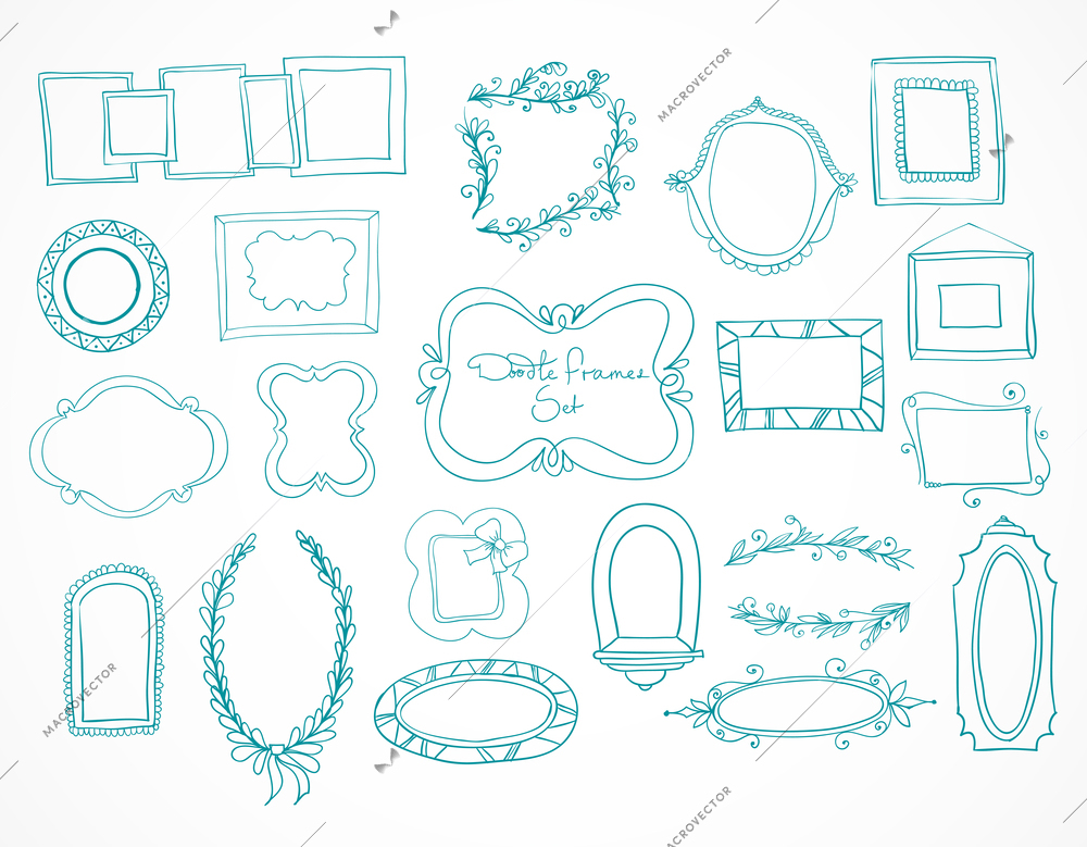 Collection of hand drawn doodle frames and design elements for decoration with place for text isolated vector illustration