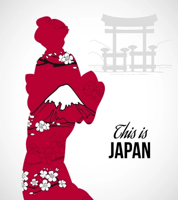 Geisha silhouette with sakura flowers and mountains poster vector illustration