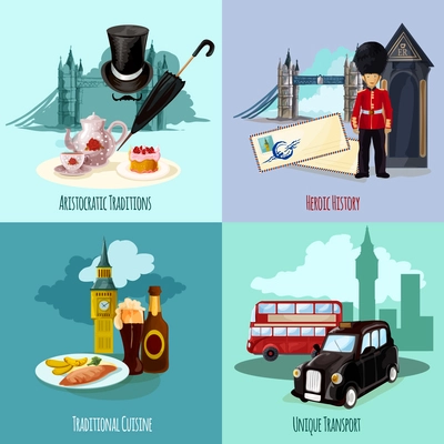 London touristic design concept set with cuisine and transport cartoon icons isolated vector illustration
