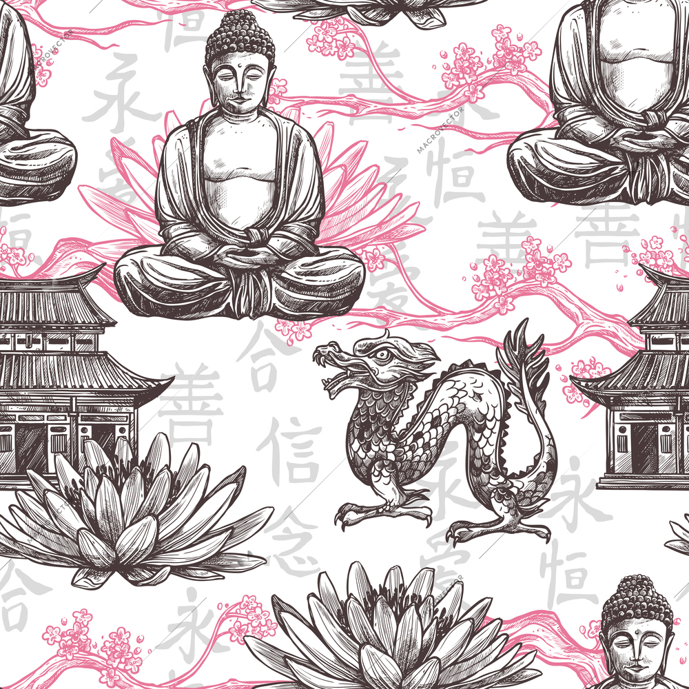 Asian seamless pattern with sketch pagoda building lotus flower dragon vector illustration