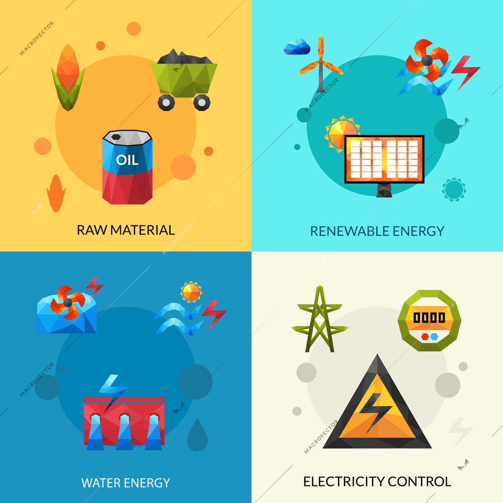 Raw material renewable energy and electric control polygonal icons set isolated vector illustration