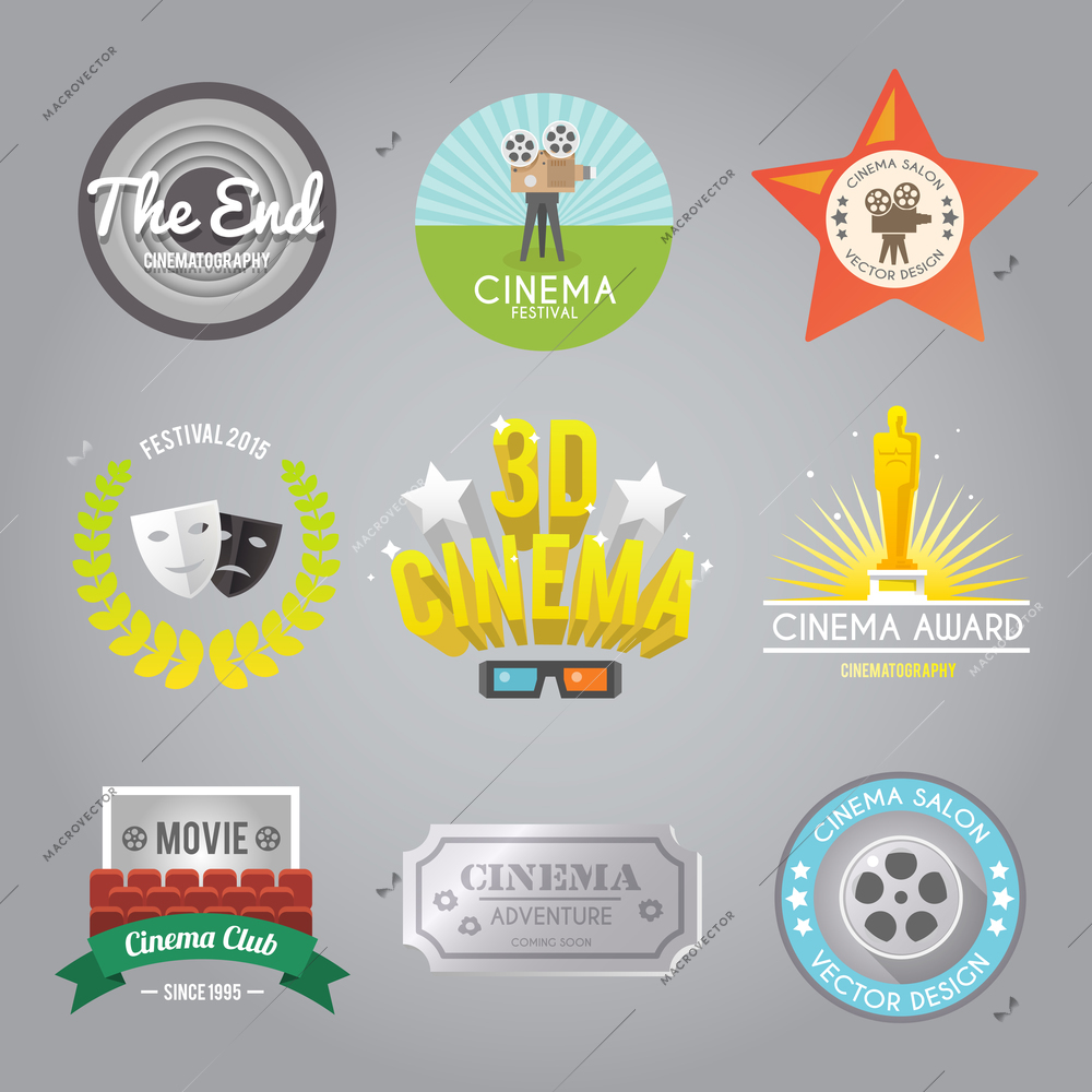 Cinema movie club 3d film festival award winner retro style labels pictogram set abstract isolated vector illustration