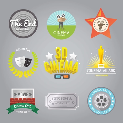 Cinema movie club 3d film festival award winner retro style labels pictogram set abstract isolated vector illustration