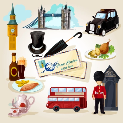 London decorative icons set with cartoon landmarks and touristic symbols isolated vector illustration