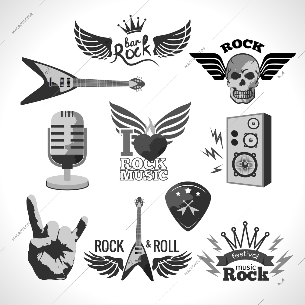 Rock and roll music black emblems and elements set isolated vector illustration