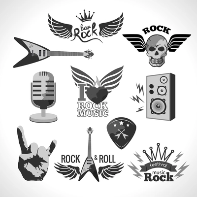 Rock and roll music black emblems and elements set isolated vector illustration