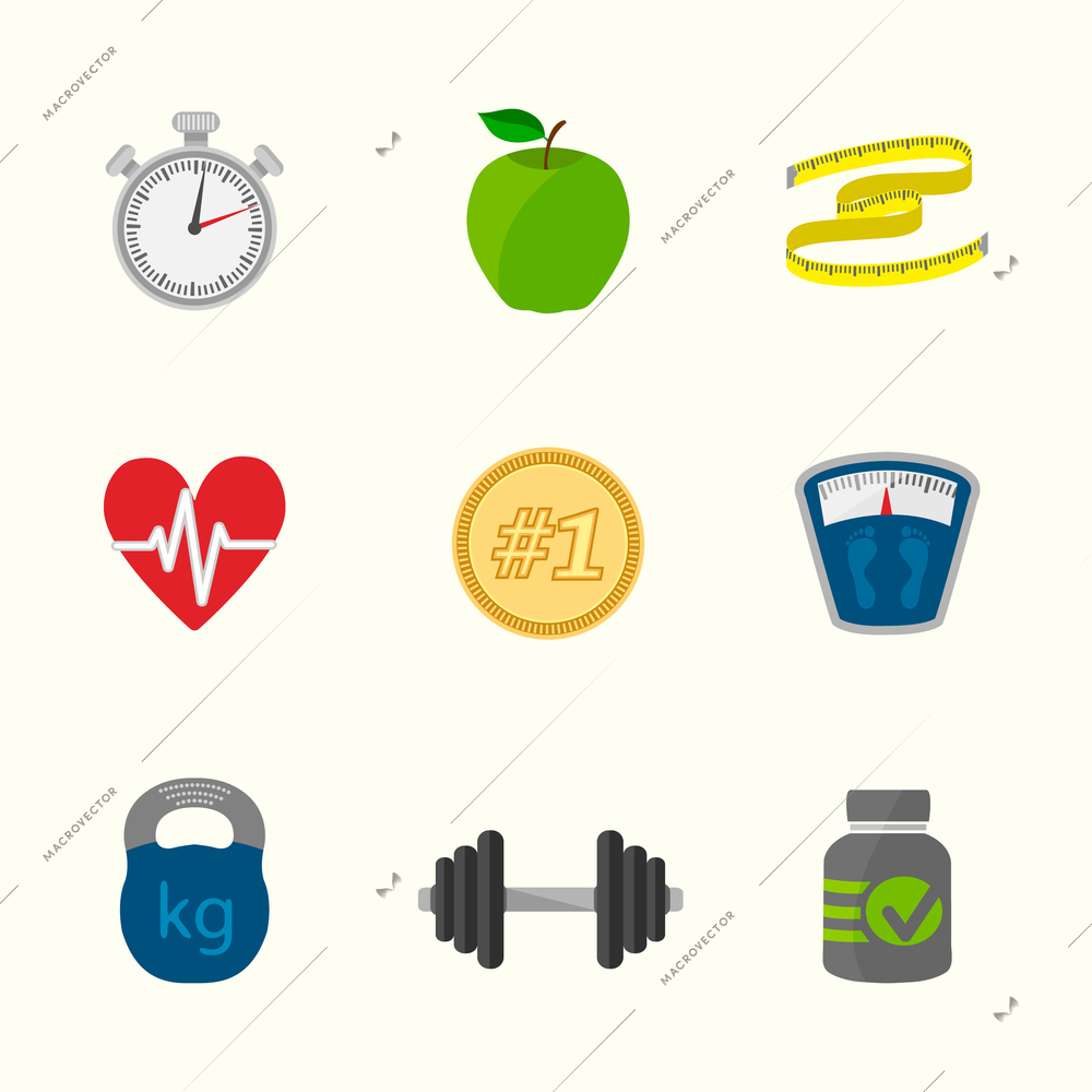 Fitness icons set of heartrate apple diet, contrast flat isolated vector illustration