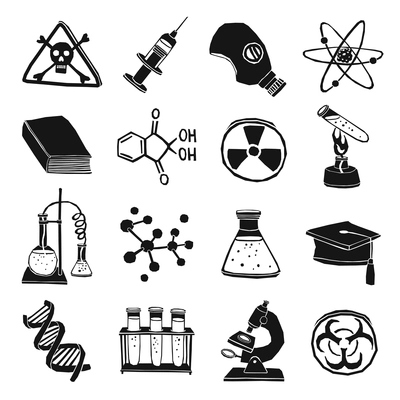 Black and white laboratory chemistry science education icons set isolated vector illustration.