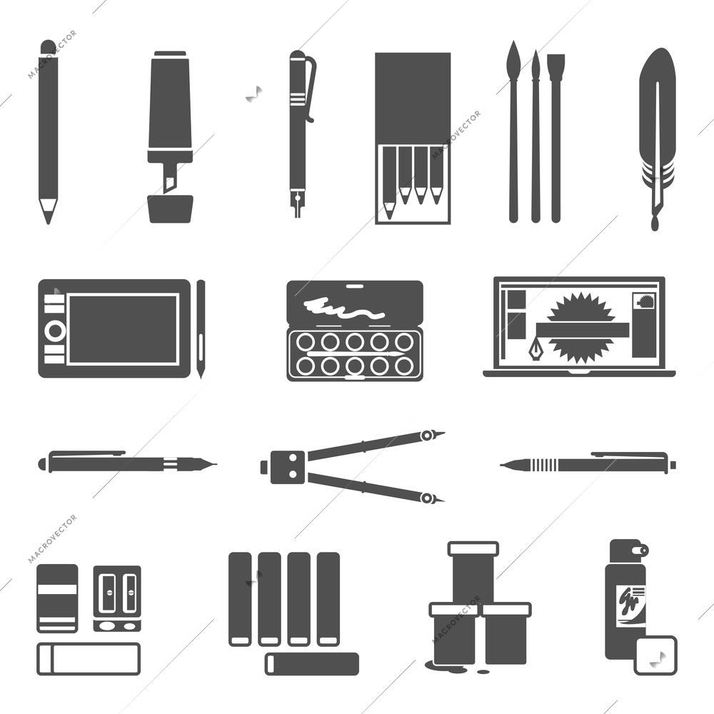 Drawing and painter tools flat silhouette icon set isolated vector illustration