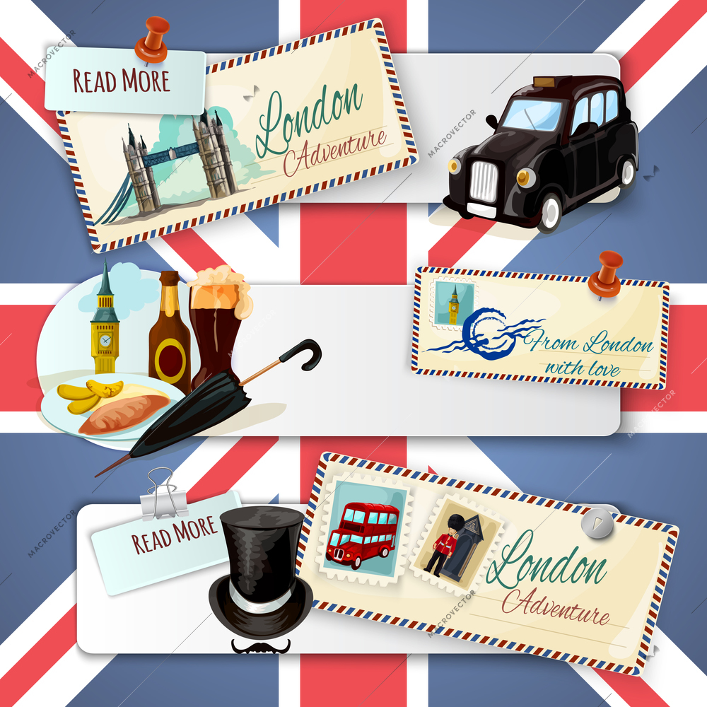 London horizontal banner set with transport architecture cartoon elements and postcards on flag background isolated vector illustration