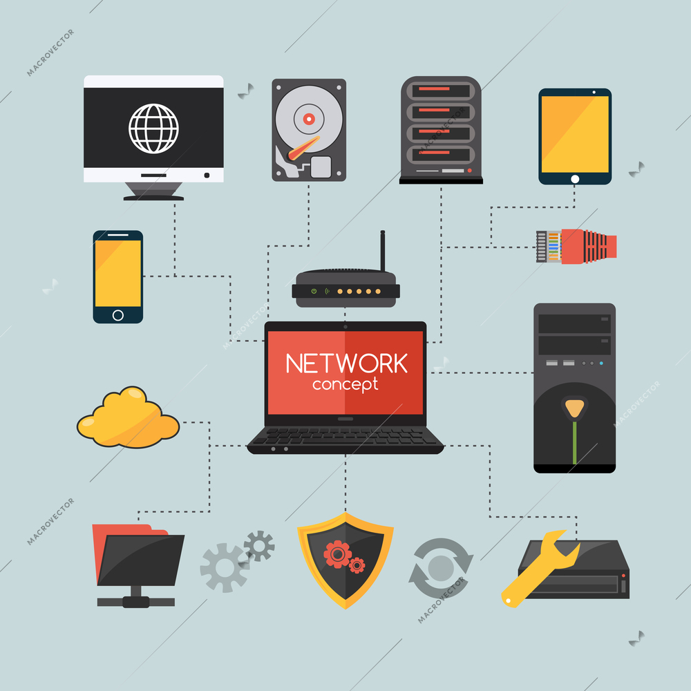 Computer network concept with hardware and system protection flat icons vector illustration