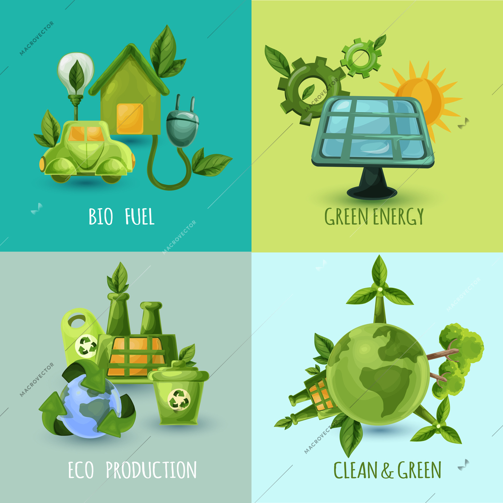 Ecology design concept set with bio fuel green energy eco production cartoon icons isolated vector illustration