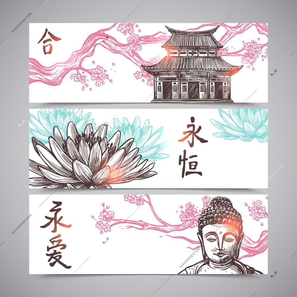 Asian horizontal banners set with hand drawn sakura branch and buddha isolated vector illustration