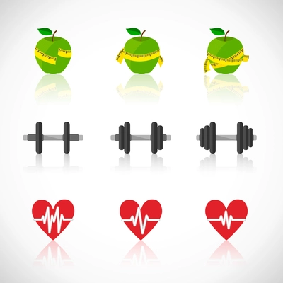 Fitness exercises progress icons set of heart rate strength and slimness isolated vector illustration