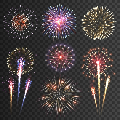 Festive patterned firework  bursting  in various shapes sparkling pictograms set  against black background abstract vector isolated illustration