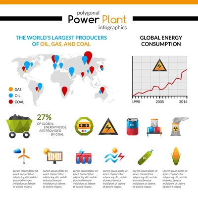 Power plant energy consumption and mineral extraction poligonal infographic isolated vector illustration