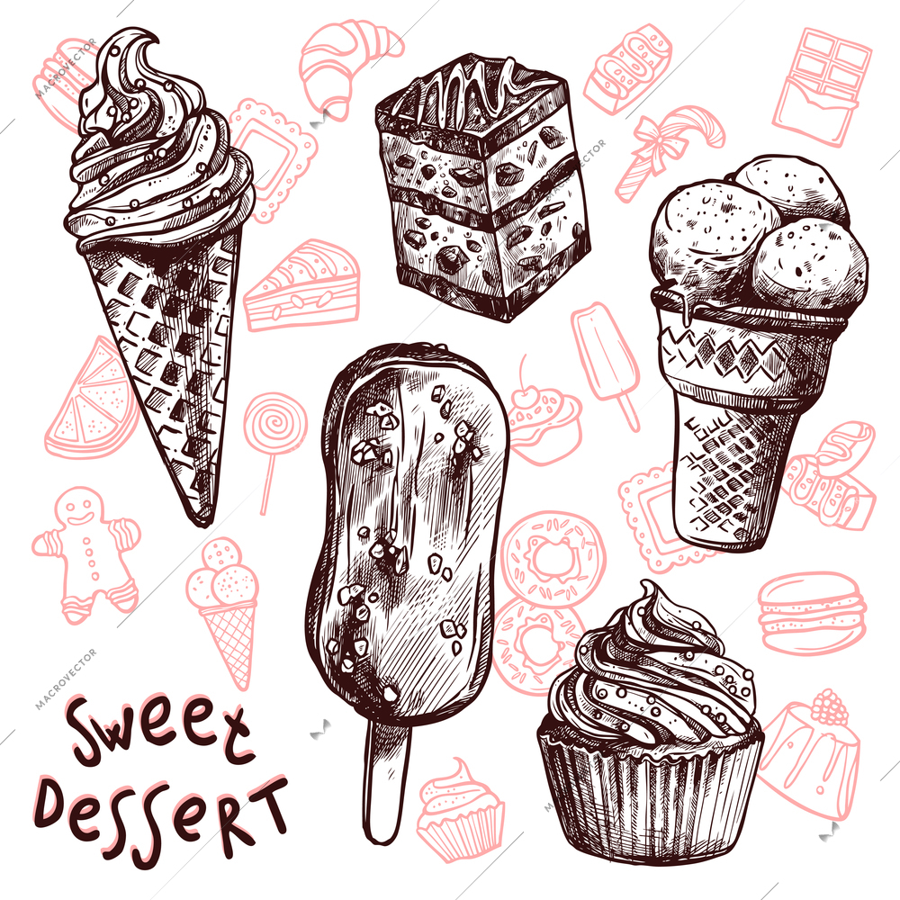 Ice cream and cakes sweets sketch set isolated vector illustration