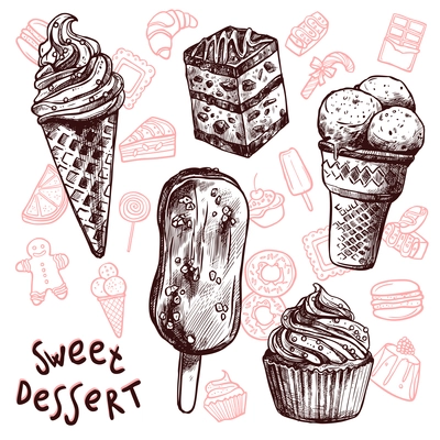 Ice cream and cakes sweets sketch set isolated vector illustration