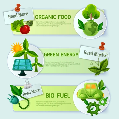 Ecology banner horizontal set with organic food green energy and bio fuel cartoon elements isolated vector illustration