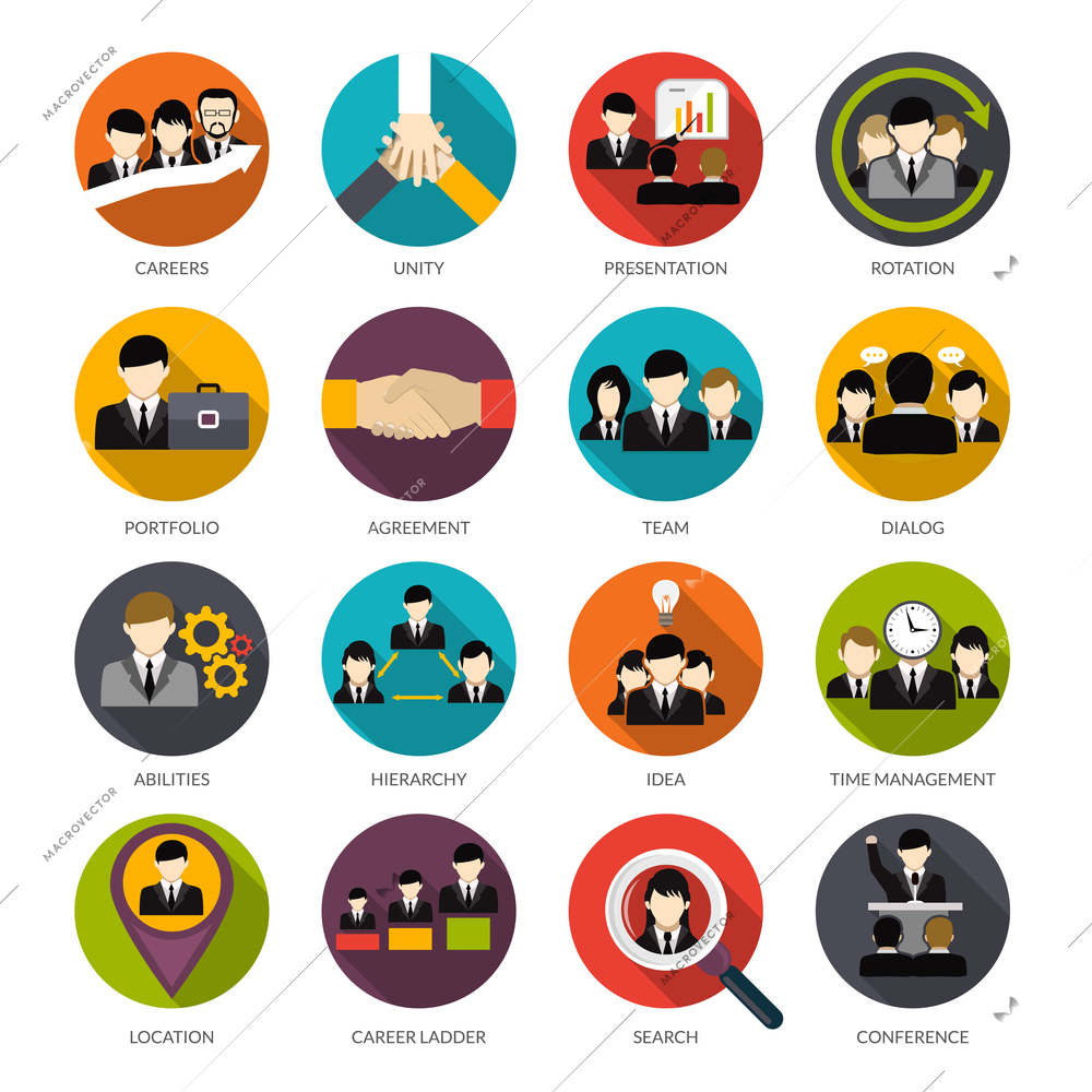 Human resources flat icons set with office hierarchy team management people rotation isolated vector illustration