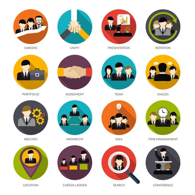 Human resources flat icons set with office hierarchy team management people rotation isolated vector illustration