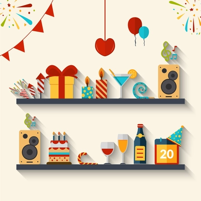 Celebration concept with flat holiday symbols set of gifts cakes and balloons vector illustration