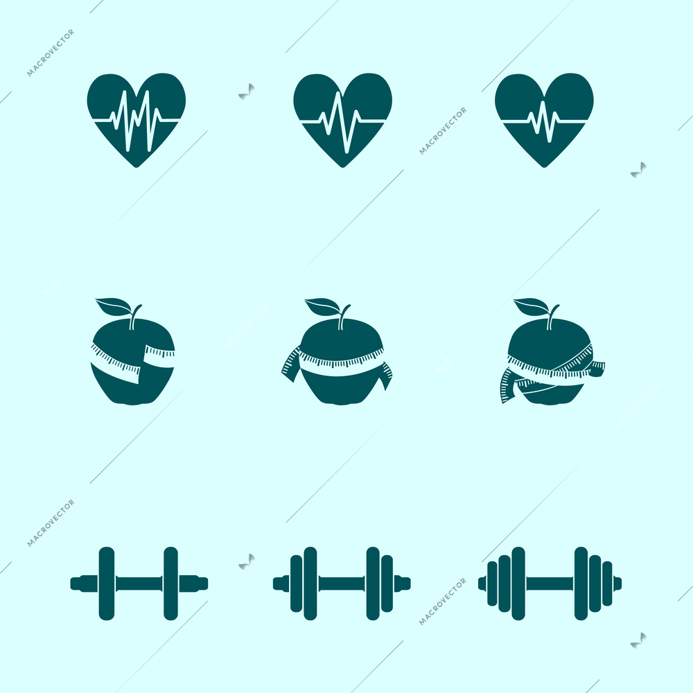 Fitness exercises progress icons set of heart rate strength and slimness isolated vector illustration