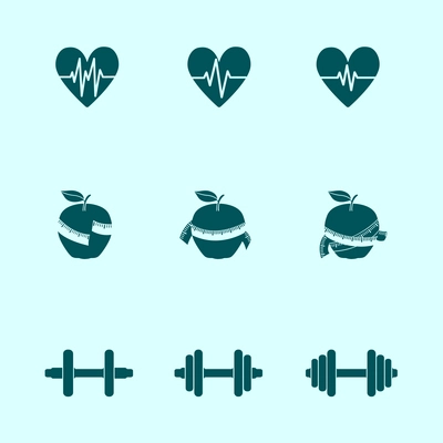 Fitness exercises progress icons set of heart rate strength and slimness isolated vector illustration