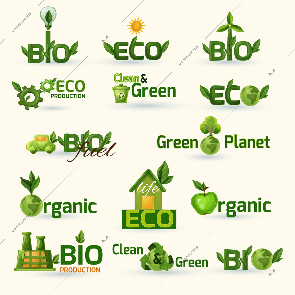 Green ecology and bio text with leafs badges set isolated vector illustration