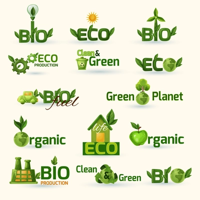 Green ecology and bio text with leafs badges set isolated vector illustration