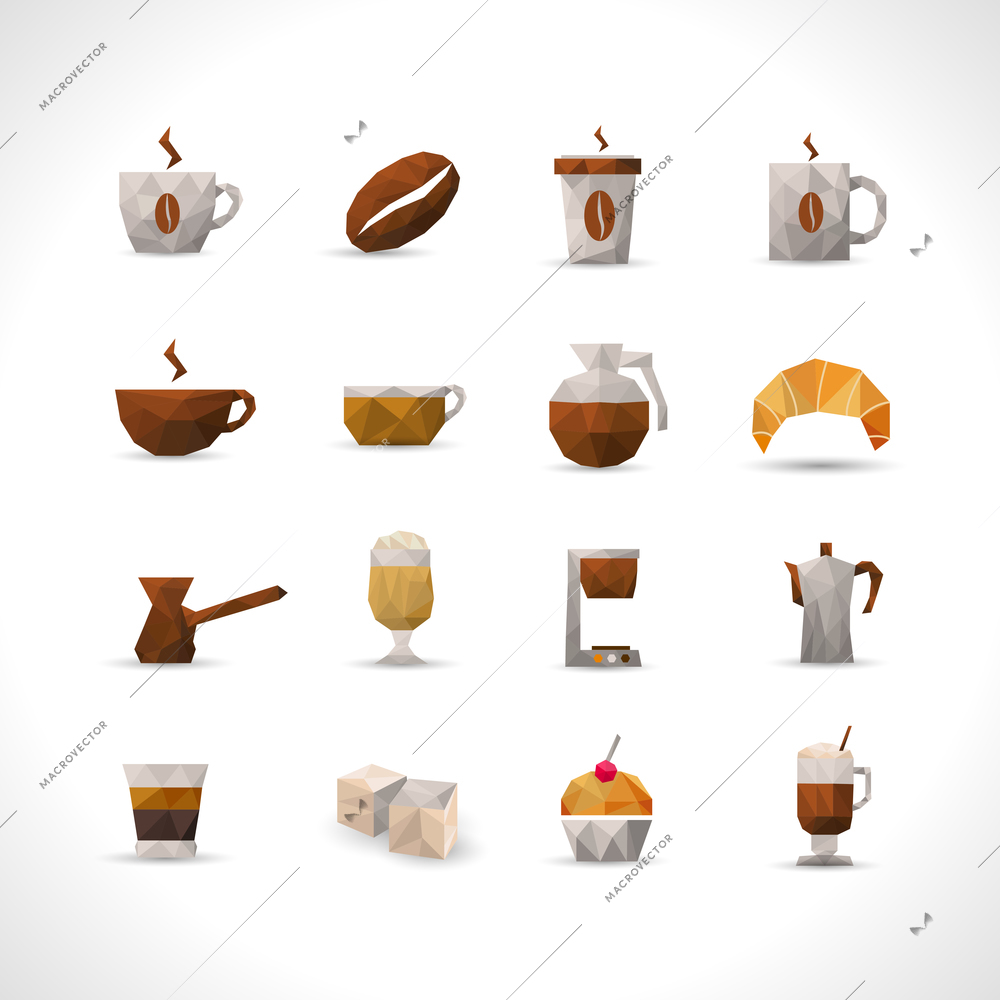 Coffee brown with shadows polygonal icons set isolated vector illustration