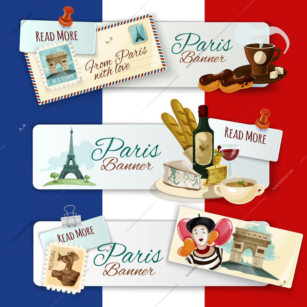 Paris horizontal banners set with touristic elements and postcards on flag background isolated vector illustration