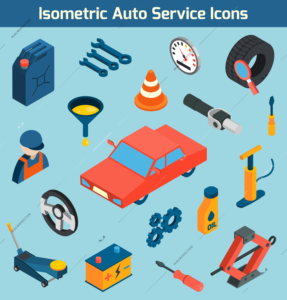 Auto service tools consumables and spare parts isometric icons set isolated vector illustration