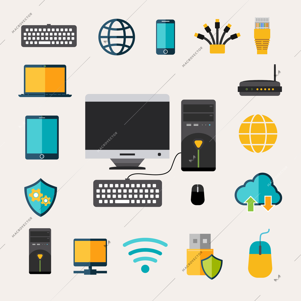 Network gadget set with flat mobile phone tablet and laptop isolated vector illustration