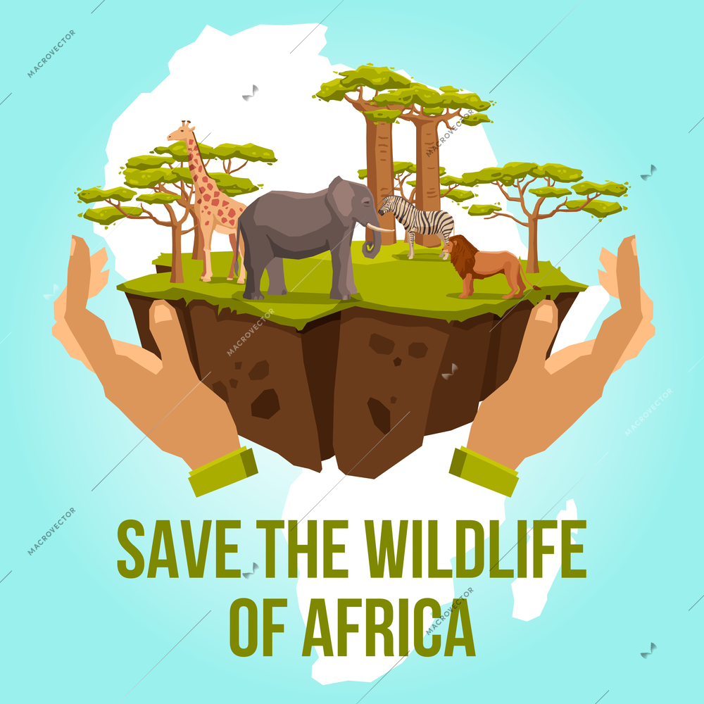 Save the wildlife of Africa with hands caring zebra lion giraffe elephant and tree concept vector illustration