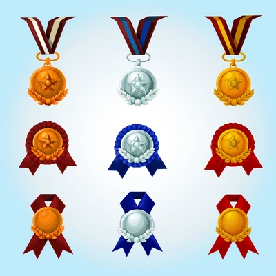 Medals and winner awards cartoon emblems set isolated vector illustration