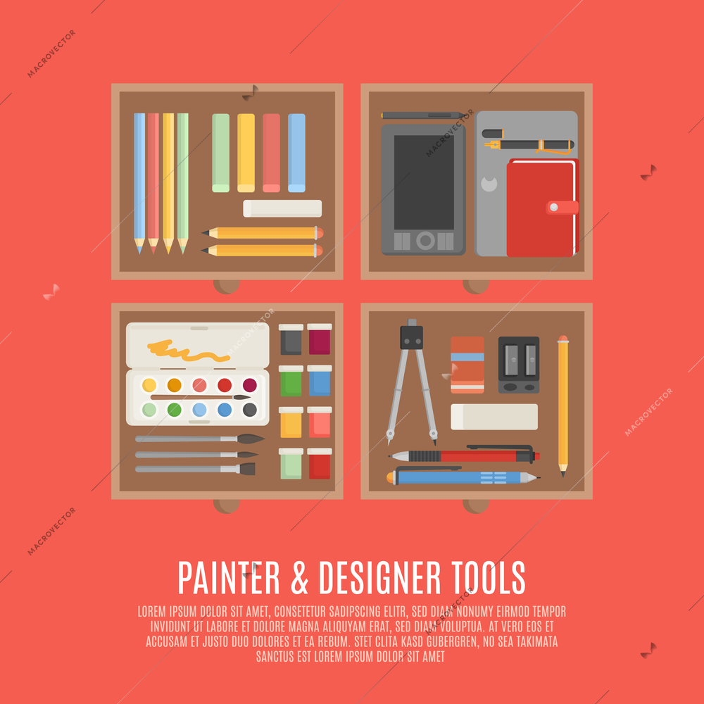 Painter and designer digital and manual tools in drawers flat color concept vector illustration